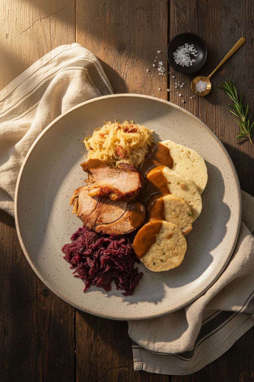 Braten mit Knödeln und Rotkraut