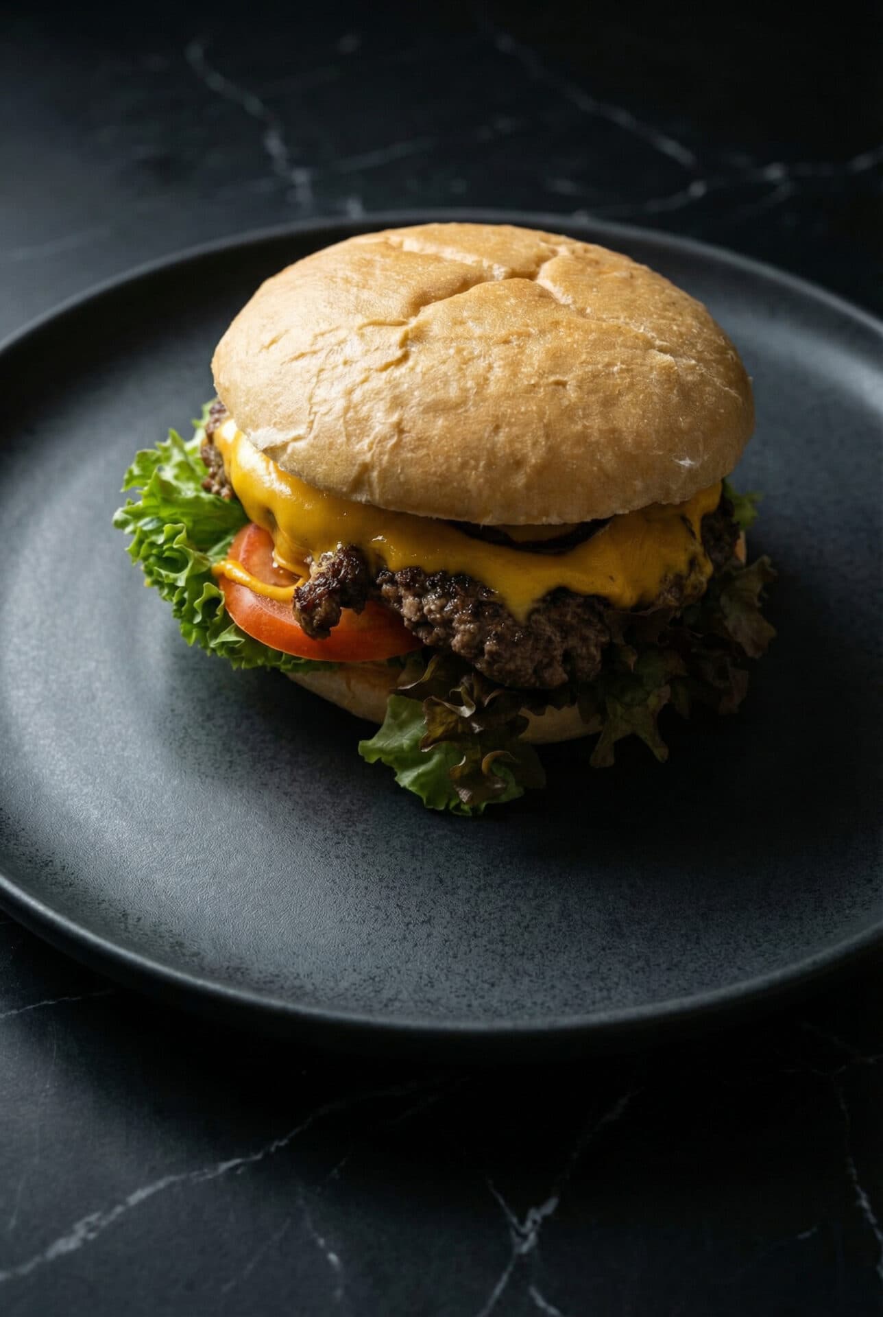 Saftiger Burger auf schwarzem Teller