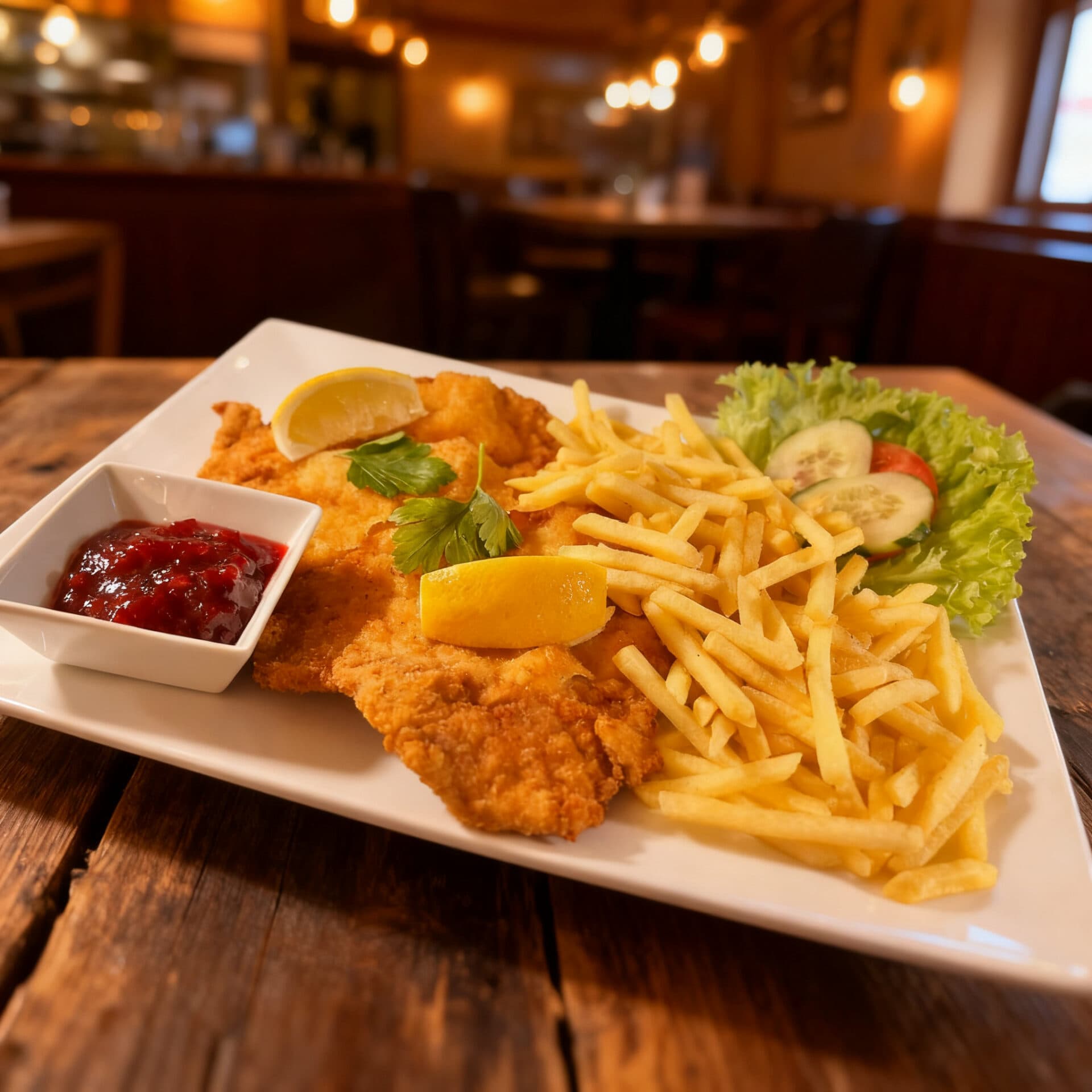 Schnitzel mit Pommes und Preiselbeeren